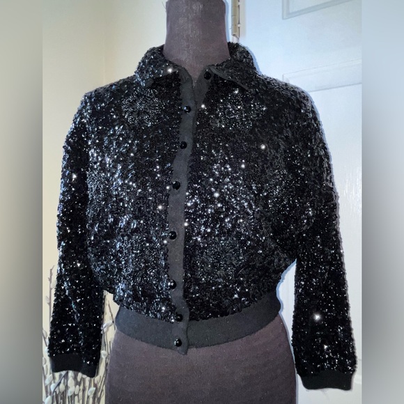 Vintage Cashmere black sequin crop cardigan sweater. - Picture 3 of 9